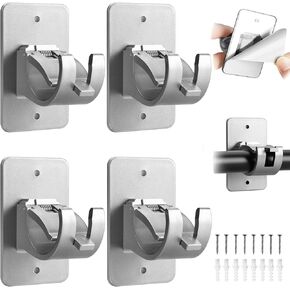 4 PCS Curtain Rod Holder No Drill - Self Adhesive Curtain Rod Brackets - No Drilling Silver Plastic Curtain Rod Holder Rod Hook Curtain Rod Hanger (Silver)