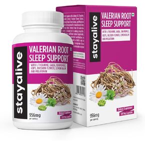 StayAlive Valerian Root Extract 956mg, Melatonin Capsules w/L-Theanine 200mg, Passion Flower 100mg, Lemon Balm 100mg, Natural Sleep Aids for Adults, 120 Valerian Pills, Gluten-Free Sleep Supplement