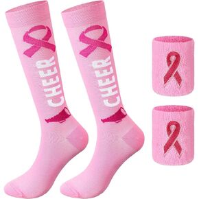 Breast Cancer Awareness Pink Ribbon Socks and Wristbands Set, Athletic Accessories Knee Length Socks for Womens Men