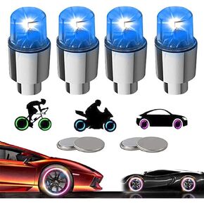 LED Tire Lights for Car 4 Pack Trucks Valve Stem Caps Bike Golf Cart Firefly Wheel Lights Bicycle Motorcycle Tyre Spoke Lights Waterproof for Kids Boys with 10 Extra Batteries(Blue)