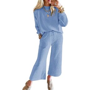 Tankaneo Womens 2 Piece Outfits Long Sleeve Crewneck Tops and Wide Leg Pants Set Casual Tracksuits with Pockets