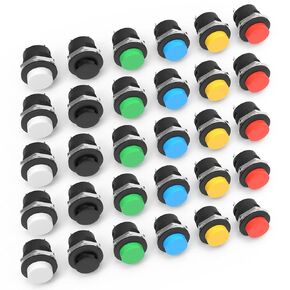 30Pcs R13-507 Momentary Push Button, 2-Pin Self-Resetting Mini No Lock Round SPST NO Switch, 3A 250V AC/6A 125V AC Button Assorted (6 Colors)