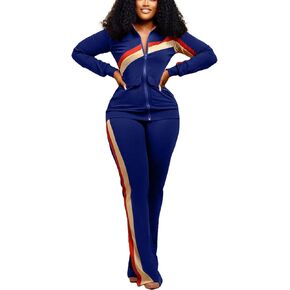 BFFBABY 2 Piece Outfits for Women Long Sleeve Striped Zipup Jacket Wide Leg Long Pant Retro Tracksuit Sport Set Wine Red