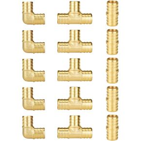 SUNGATOR 15-Pack 3/4 Inch PEX Fittings, Elbow(5pcs) Tee(5pcs) Coupling(5pcs), No Lead Brass Fittings, Pex Fittings 3/4 Inch Assortment For Pex B Pipe, UPC, NSF Certified