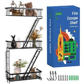 Fire Escape Wall Shelf - Home Decorative Wall Organizer Shelf Metal Ladder Action Figure Shelves Versatile for Room Display Storage Black (3-Tier)