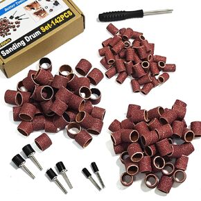 Asieg Tool Sanding Drum Kit 142Pcs 150Grit, 1/2" & 3/8" & 1/4" Diameter Drum Sanding Band with 3.17mm Shank Mandrels for Drill Dremel Rotary Tools Nails Drill