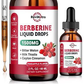 Berberine HCL Liquid Drops, 1500mg Berberine Supplement with Ceylon Cinnamon, Bitter Melon, Milk Thistle for Immune, Digestion System & Heart Health, 2 Fl Oz, Sugar-Free Pineapple Flavor