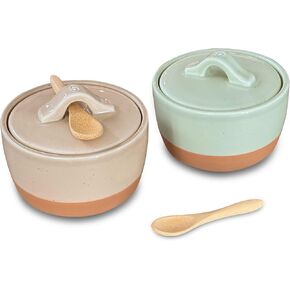 Mora Ceramic Salt and Pepper Cellar Set with Lid - 10 oz Modern Canister/Container/Bowl for Storage, Sea Salt, Spice, Sugar, Countertop - Small Dish/Jar with Wood Spoon, White Crock in Kuwait