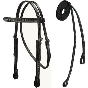 Tahoe Tack Double Layered Leather Crystal Browband Headstall with Spots & Split Reins