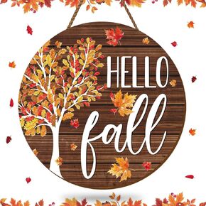Whaline Hello Fall Wooden Hanging Sign Maple Tree Front Door Sign Autumn Thanksgiving Welcome Sign for Harvest Indoor Outdoor Home Porch Wall Decor