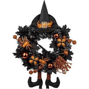 Halloween Wreath for Front Door 20" Tinsel Black Witch Wreath with Hat Legs and Orange Pumpkin for Fall Autumn Indoor Window Door Thanksgiving Halloween Decorations