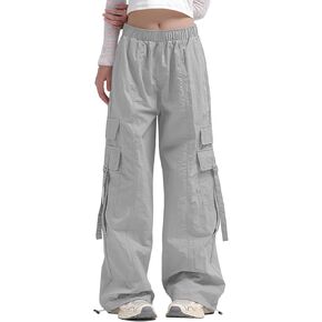 Haloumoning Girls Parachute Pants Kids Wide Leg Cargo Pants Y2K Street Trousers with Pockets 5-14 Years