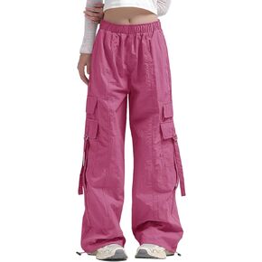 Haloumoning Girls Parachute Pants Kids Wide Leg Cargo Pants Y2K Street Trousers with Pockets 5-14 Years