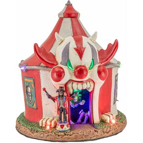 Carn-Evil Tent Carnival Clown Theme Spooky Halloween Village Porcelain Multi-Color LED Lights and Music 7.5" x 7.5" x 8.25"