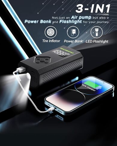 مضخة هواء لإطارات السيارة محمولة بقوة 150 رطل لكل بوصة مربعة، منفاخ إطارات لاسلكي قابل لإعادة الشحن، ضاغط هواء محمول، مضخة إطار تلقائي مع مقياس الضغط، ضوء LED للسفر، دراجة نارية، كرة السلة، حلقة السباحة in Kuwait