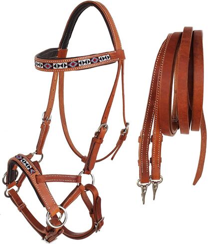 CHALLENGER Horse Western Padded Leather Beaded Bitless Sidepull Bridle Reins 77RT09TN-F in Saudi Arabia