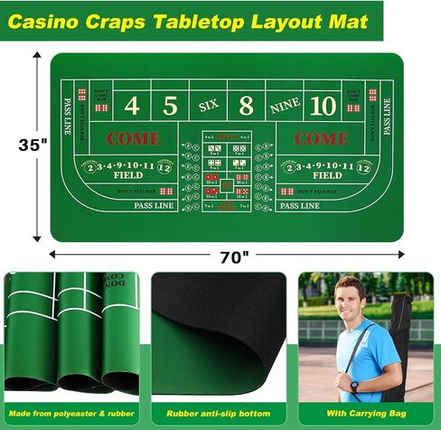 مجموعة ألعاب Craps Tabletop، تتضمن بساط تخطيط سطح الطاولة المطاطي Craps مقاس 35 بوصة × 70 بوصة، ونرد من فئة الكازينو AAA مقاس 19 مم، وأزرار تشغيل/إيقاف 3 بوصات ليالي بوكر الكازينو in Saudi Arabia
