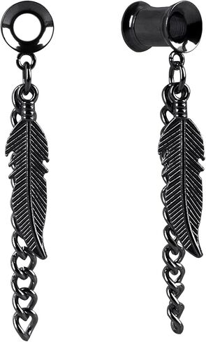 CAIRIAC Feather Ear Gauges Dangle Plugs Tunnel for Ears, 2g 6mm Gauges for Ears, Dangle Gauges with Chain, Stainless Steel Feather Chain Dangle Tunnels Plugs Earrings Hollow Gauges (Silvery), in Saudi Arabia