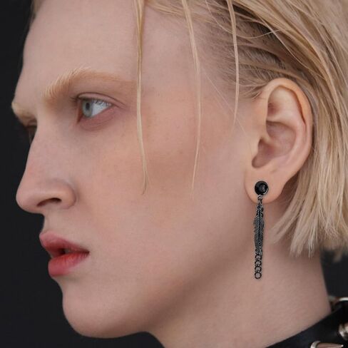 CAIRIAC Feather Ear Gauges Dangle Plugs Tunnel for Ears, 2g 6mm Gauges for Ears, Dangle Gauges with Chain, Stainless Steel Feather Chain Dangle Tunnels Plugs Earrings Hollow Gauges (Silvery), in Saudi Arabia