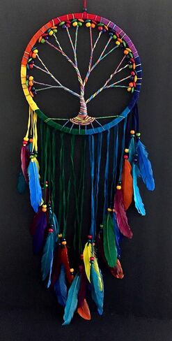 صائدة الأحلام OMA Chakra Rainbow، تصميم شجرة الحياة مع الريش والخرز، ديكور منزلي تقليدي أصلي من جلد الغزال بألوان قوس قزح - حجم كبير - طول 91.44 سم × قطر 27.94 سم (قوس قزح) in Saudi Arabia