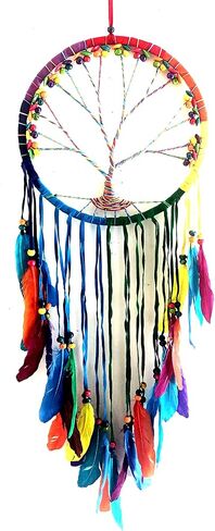 صائدة الأحلام OMA Chakra Rainbow، تصميم شجرة الحياة مع الريش والخرز، ديكور منزلي تقليدي أصلي من جلد الغزال بألوان قوس قزح - حجم كبير - طول 91.44 سم × قطر 27.94 سم (قوس قزح) in Saudi Arabia