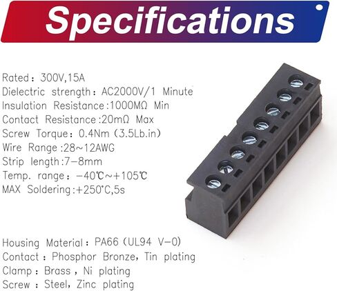 Tcenofoxy 5.08mm Phoenix Connector 2/3/4/5/6/7/8/9/10/11/12/13/14/15/16/18/20/22/24 Pin، موصل كتلة طرفية برغي PCB أسود وصلة لولبية (2 قطعة 5.08M-BK-6P) in Kuwait