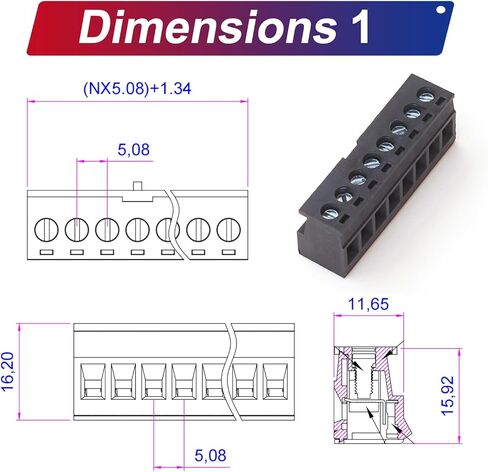 Tcenofoxy 5.08mm Phoenix Connector 2/3/4/5/6/7/8/9/10/11/12/13/14/15/16/18/20/22/24 Pin، موصل كتلة طرفية برغي PCB أسود وصلة لولبية (2 قطعة 5.08M-BK-6P) in Kuwait