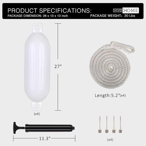VIVOHOME Vinyl Ribbed Boat Fenders 4 Pack, Boat Bumpers with Ropes, Needles, and Pump to Inflate Fit for Yachts, Sailing Dinghies, Bass Boats, Black in Saudi Arabia