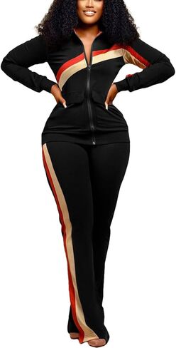 BFFBABY 2 Piece Outfits for Women Long Sleeve Striped Zipup Jacket Wide Leg Long Pant Retro Tracksuit Sport Set Wine Red in Kuwait