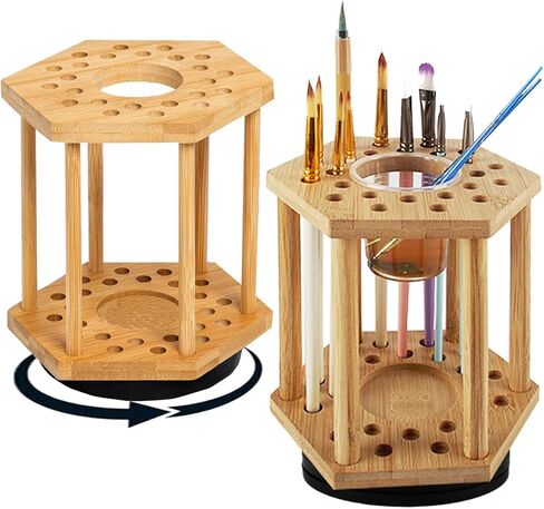 Rotating Paint Brush Holder 25 Holes Bamboo Display Drying Stand Artist Paint Brush Organizer Watercolor Brush Stand Rack Paint Brush Storage Art Supply Organizer(1pcs) in Saudi Arabia