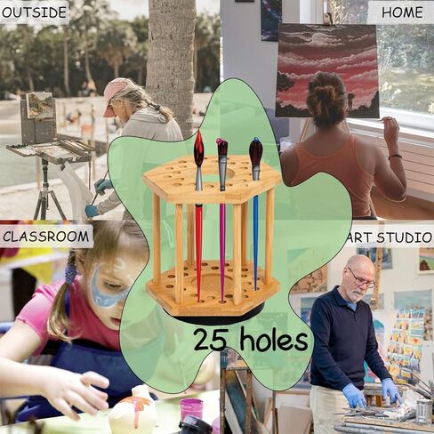 Rotating Paint Brush Holder 25 Holes Bamboo Display Drying Stand Artist Paint Brush Organizer Watercolor Brush Stand Rack Paint Brush Storage Art Supply Organizer(1pcs) in Saudi Arabia
