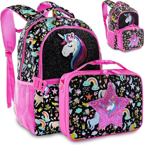 Decorably Backpack with Lunch Bag for Kids - 2Pc Set Sequined Girls Unicorn Backpack with Lunch Box with Star Unicorn Patch, Unicorn Backpack with Lunchbox Unicorn Backpack and Lunchbox in Saudi Arabia