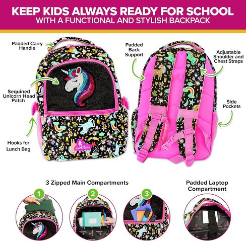 Decorably Backpack with Lunch Bag for Kids - 2Pc Set Sequined Girls Unicorn Backpack with Lunch Box with Star Unicorn Patch, Unicorn Backpack with Lunchbox Unicorn Backpack and Lunchbox in Saudi Arabia