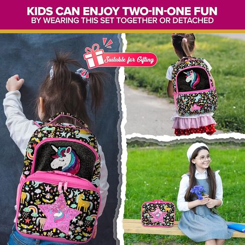 Decorably Backpack with Lunch Bag for Kids - 2Pc Set Sequined Girls Unicorn Backpack with Lunch Box with Star Unicorn Patch, Unicorn Backpack with Lunchbox Unicorn Backpack and Lunchbox in Saudi Arabia