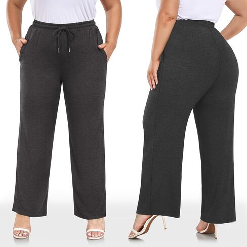COOTRY Women's Plus Size Wide Leg Pants Soft Stretchy Drawstring Loose Fit Summer Casual Lounge Yoga Pants with Pockets in Saudi Arabia