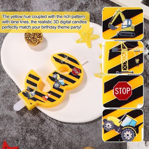 Construction Birthday Candle, Happy Birthday Candles Numbers Construction Cake Topper Yellow and Black Striped Candles for Boys Construction Birthday Party Supplies Decorations (Number 3) in Saudi Arabia