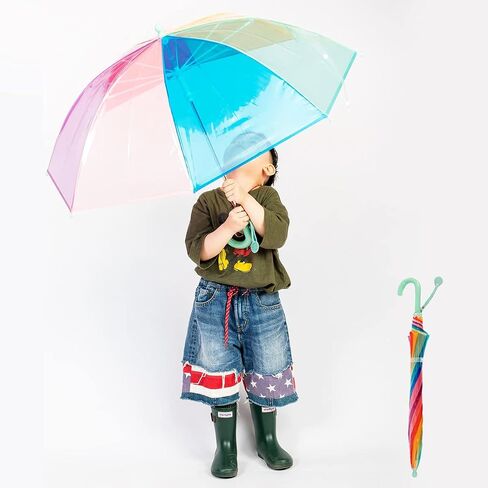 ThreeH Children's Rainbow Umbrella Curved Handle Sturdy Plastic Material Shatterproof 8 Ribs Manual Open Transparent Dome Bubble Umbrella in Saudi Arabia