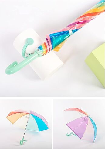 ThreeH Children's Rainbow Umbrella Curved Handle Sturdy Plastic Material Shatterproof 8 Ribs Manual Open Transparent Dome Bubble Umbrella in Saudi Arabia