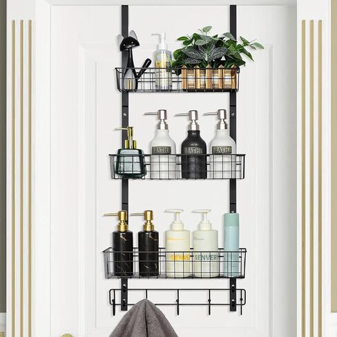 منظم شماعات خطاطيف على الباب من NEX، رف منشفة بخطاطيف معطف مع 3 سلة شبكية و5 خطافات معلقة للتخزين رف توابل للحمام وغرفة النوم والمطبخ خلف أرفف تخزين الباب، أسود in Kuwait