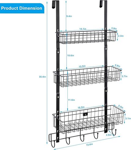 منظم شماعات خطاطيف على الباب من NEX، رف منشفة بخطاطيف معطف مع 3 سلة شبكية و5 خطافات معلقة للتخزين رف توابل للحمام وغرفة النوم والمطبخ خلف أرفف تخزين الباب، أسود in Kuwait