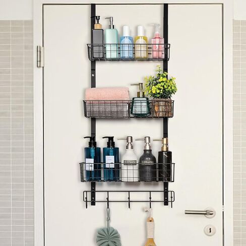 منظم شماعات خطاطيف على الباب من NEX، رف منشفة بخطاطيف معطف مع 3 سلة شبكية و5 خطافات معلقة للتخزين رف توابل للحمام وغرفة النوم والمطبخ خلف أرفف تخزين الباب، أسود in Kuwait