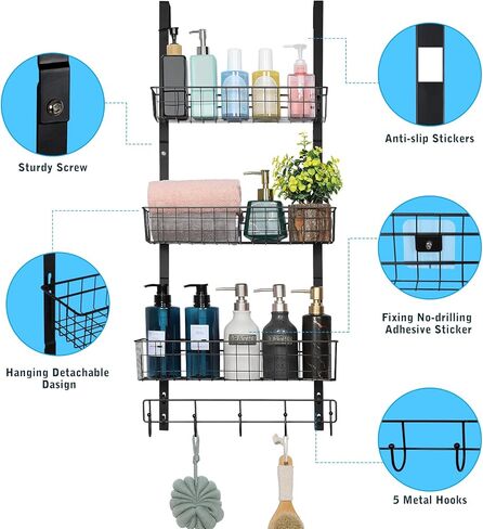 منظم شماعات خطاطيف على الباب من NEX، رف منشفة بخطاطيف معطف مع 3 سلة شبكية و5 خطافات معلقة للتخزين رف توابل للحمام وغرفة النوم والمطبخ خلف أرفف تخزين الباب، أسود in Kuwait