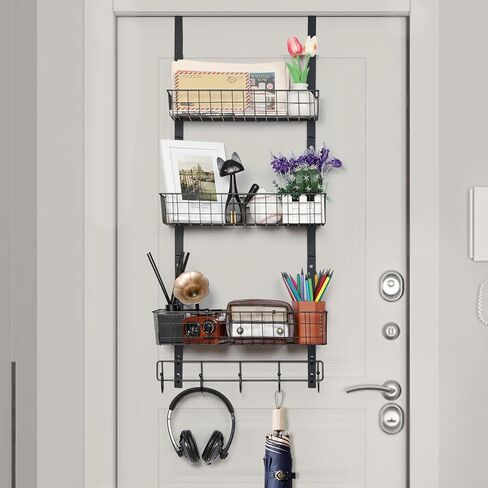 منظم شماعات خطاطيف على الباب من NEX، رف منشفة بخطاطيف معطف مع 3 سلة شبكية و5 خطافات معلقة للتخزين رف توابل للحمام وغرفة النوم والمطبخ خلف أرفف تخزين الباب، أسود in Kuwait