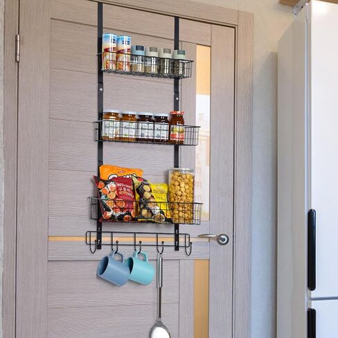 منظم شماعات خطاطيف على الباب من NEX، رف منشفة بخطاطيف معطف مع 3 سلة شبكية و5 خطافات معلقة للتخزين رف توابل للحمام وغرفة النوم والمطبخ خلف أرفف تخزين الباب، أسود in Kuwait