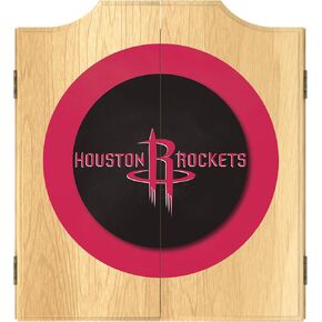 Trademark Global Dart Board Cabinet Set - Houston Rockets Logo Dart Board with 6 Steel Tip Darts, Scoreboard, Hanging Wood Cupboard