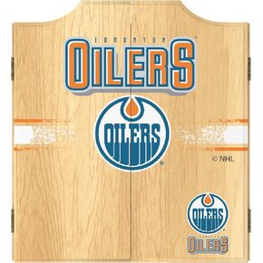 Trademark Global Dart Board Cabinet Set - Edmonton Oilers Logo Dart Board with 6 Steel Tip Darts, Scoreboard, Hanging Wood Cupboard