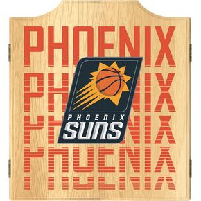 Trademark Global Dart Board Cabinet Set - Phoenix Suns City Dart Board with 6 Steel Tip Darts, Scoreboard, Hanging Wood Cupboard
