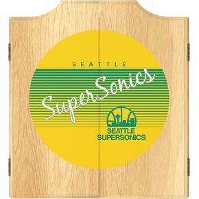 Trademark Global Dart Board Cabinet Set - Seattle Super Sonics Hardwood Classics Dart Board with 6 Steel Tip Darts, Scoreboard, Hanging Wood Cupboard