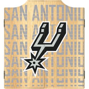 Trademark Global Dart Board Cabinet Set - San Antonio Spurs City Dart Board with 6 Steel Tip Darts, Scoreboard, Hanging Wood Cupboard