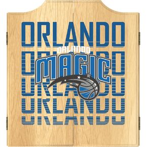 Trademark Global Dart Board Cabinet Set - Orlando Magic City Dart Board with 6 Steel Tip Darts, Scoreboard, Hanging Wood Cupboard